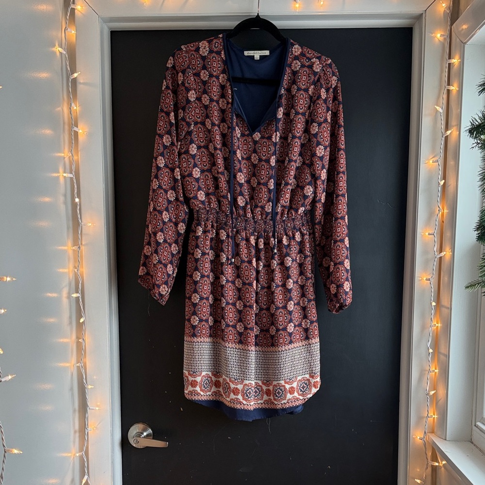 Daniel Rainn Patterned Long Sleeve Dress in Navy and Red